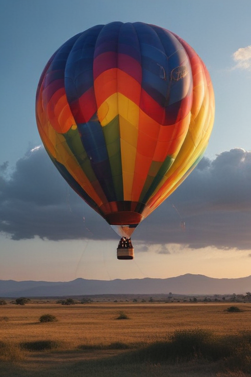 Colorful Hot Air Balloon Soaring Above a Scenic Landscape at Sunset