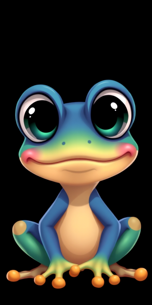 Create a vibrant illustration of a cartoon amphibian with large eyes and a playful expression, set against a solid black background, using a 50mm lens with f/1.8 aperture, natural lighting, and a high-resolution digital camera.