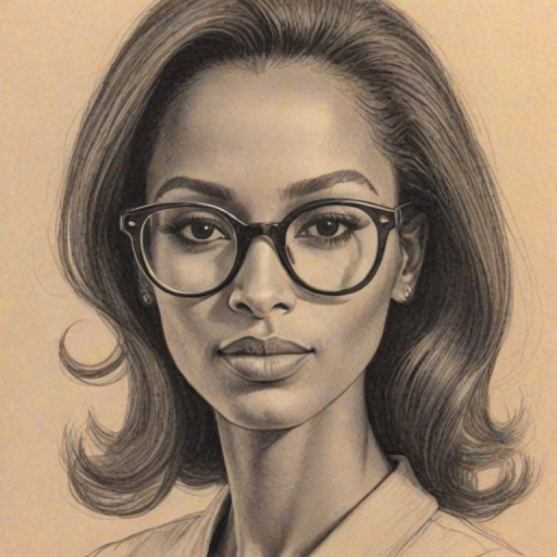 Enchanting Iman, pencil sketch, portrait of Delightful woman 1967s in glasses, hair style beatnik, outline, clear lines, fine lines, 8k