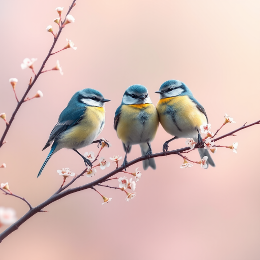 Create a high-resolution illustration of three blue tit birds perched among delicate flowering branches against a soft, gradient background, using a digital art style, with a focus on vibrant colors and intricate details, simulating a Canon EOS 5D Mark IV with a 50mm f/1.8 lens at f/2.8, ISO 100, and a shallow depth of field for a smooth bokeh effect.