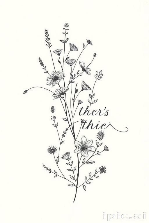 Delicate fine line "Botanical Whisper" tattoo illustration depicting a variety of wildflowers and herbs intertwined with delicate script creating a soft and romantic aesthetic suitable for wrists or ankles