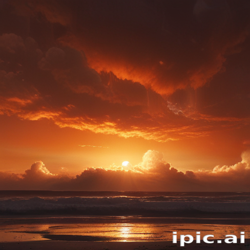 Stunning Sunset Over Ocean Waves, Highlighting Vibrant Colors and Clouds