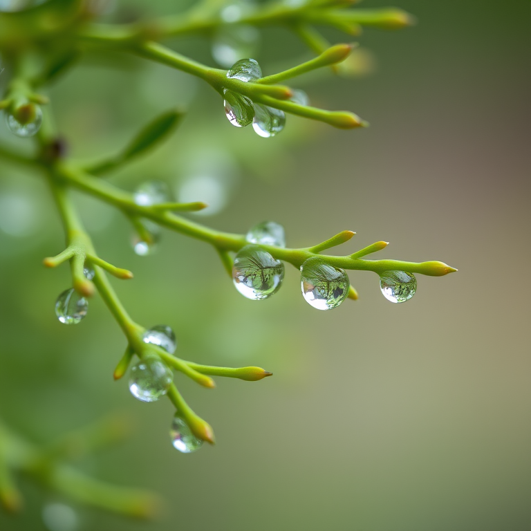 Close-up shot of green branches with water droplets, shallow depth of field, f/2.8, ISO 100, 1/200 sec, natural light, macro lens, DSLR camera.