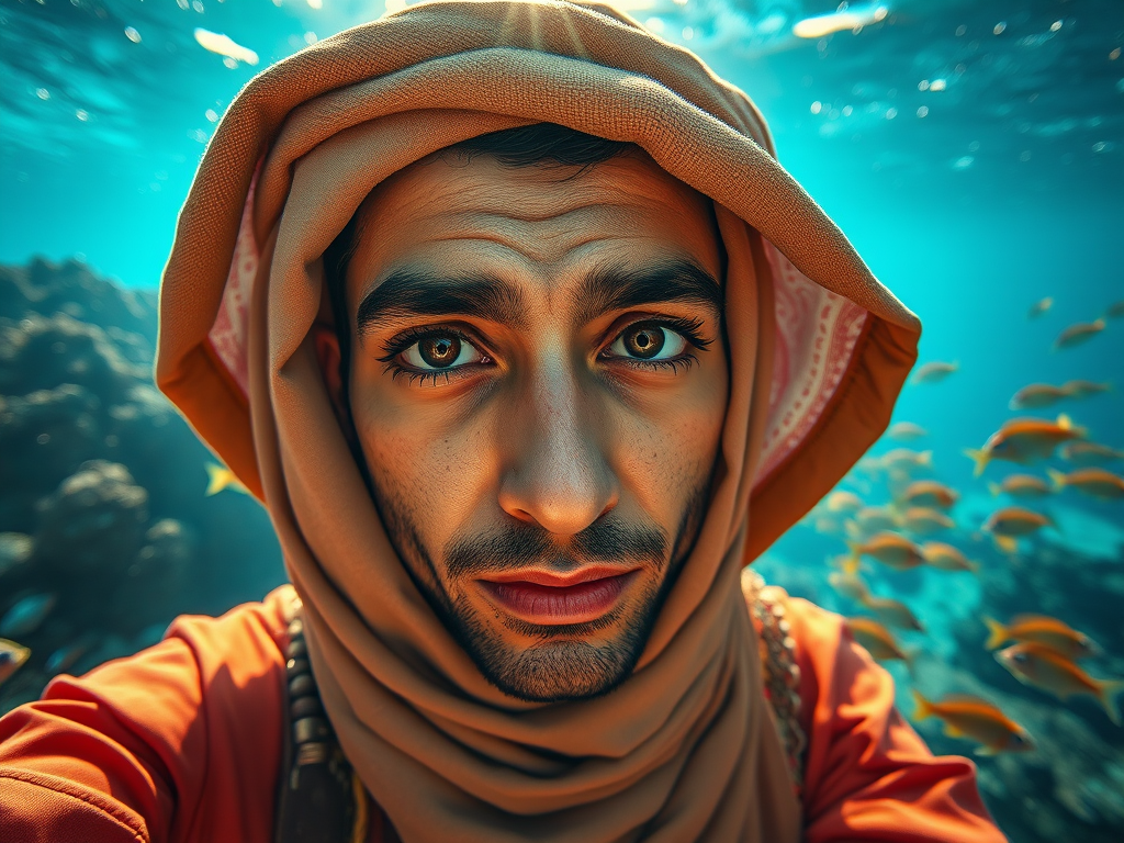 Realistic selfie image of a Sahrawi, wearing a vintage outfit, detailed dreamy eyes, droopy hooded eyes, staring at the camera, taken underwater at coral reef with a sunbeam filtering through the water, vibrant, summer vacation, natural lighting, turtle and school of tropical fish with vibrant colors, rendered in the style of CryEngine, Pegi Nicol MacLeod, with realistic genre scenes, hauntingly beautiful narratives, ultra-realism, and Thomas Saliot's close-up technique, 8K resolution, crystal clear and sparkling water.