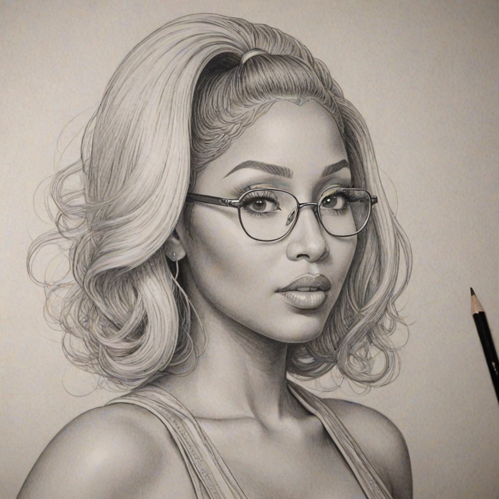 Gorgeous Nicki Minaj, pencil sketch, portrait of Ravishing woman 1936s in glasses, hair style beatnik, outline, clear lines, fine lines, 8k