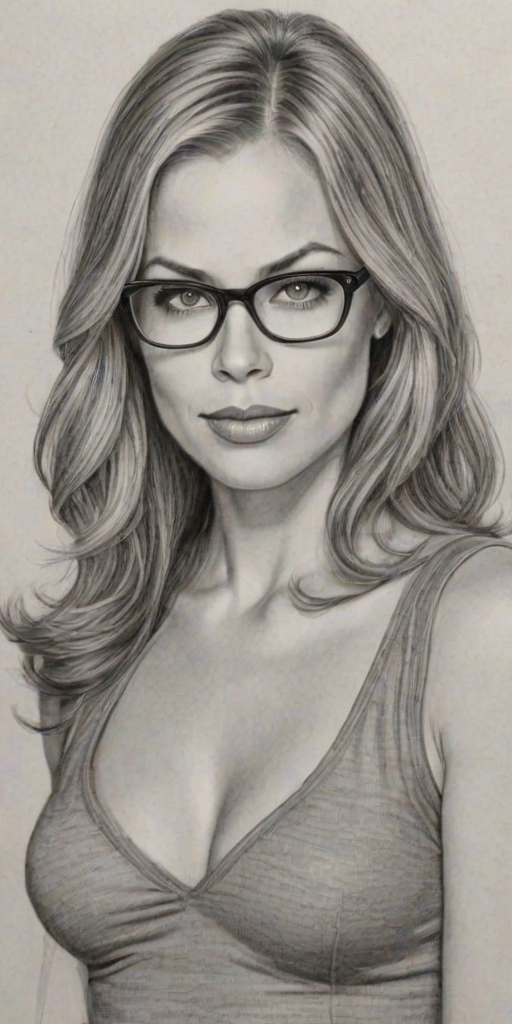 Alluring Brooke Burns, pencil sketch, portrait of Graceful woman 1927s in glasses, hair style beatnik, outline, clear lines, fine lines, 8k
