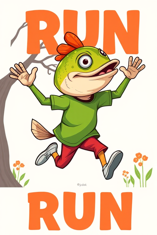 Create a vibrant illustration of a whimsical creature with a fish-like head and human body, running energetically with one hand raised, wearing a green shirt and red pants, set against a light background with a stylized tree and flowers, incorporating bold text that reads "RUN," shot using a Canon EOS 5D Mark IV with a 50mm lens at f/8, ISO 100, 1/250s, in vibrant colors and high contrast for enhanced detail.