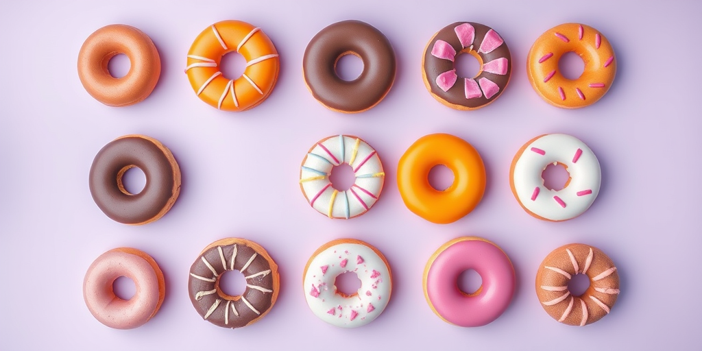 Create a high-resolution image of a grid layout featuring 12 assorted donuts with vibrant colors and designs on a light purple background, using a DSLR camera with a 50mm lens, aperture set to f/2.8, ISO 100, and soft natural lighting for enhanced clarity and detail.