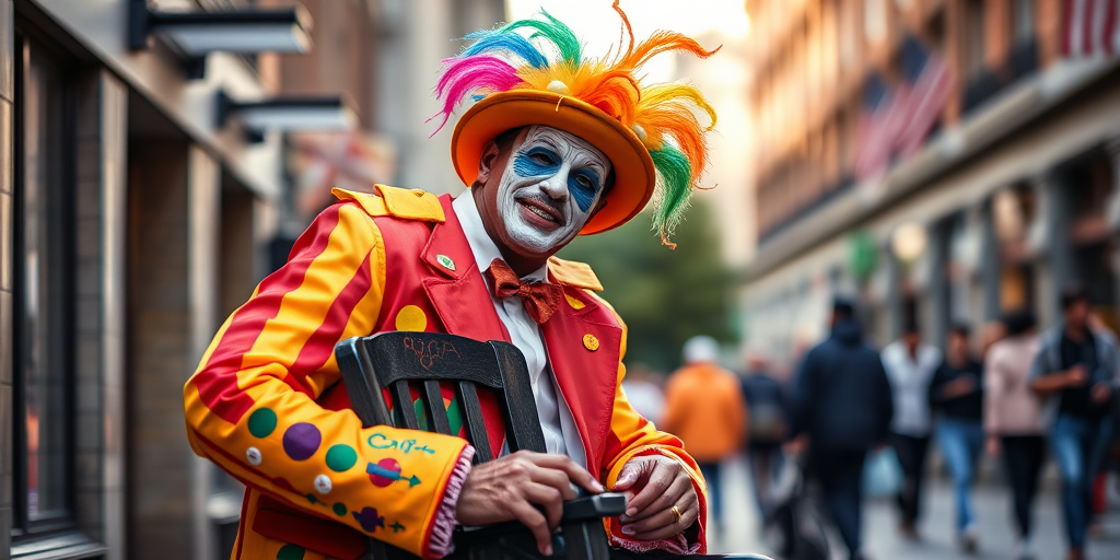 A street performer in a colorful paint suit holding a chair, soft natural lighting, 50mm lens, f/2.8 aperture, ISO 200, shallow depth of field, professional DSLR camera, portrait orientation, daytime setting.