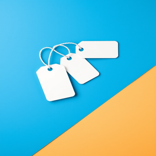 Create a high-resolution image of a simple icon featuring three white tags on a divided blue background, using a DSLR camera with a 50mm lens, f/2.8 aperture, 1/100s shutter speed, ISO 100, taken from a top-down angle with a soft diffused light to enhance clarity and contrast.