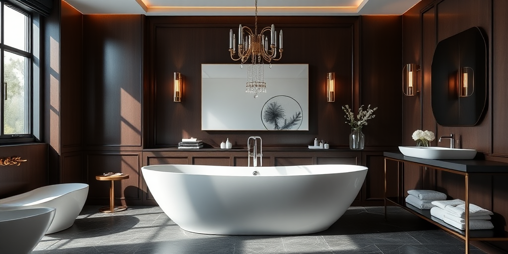 interior of a modern bathroom featuring a white freestanding bathtub, dark brown walls, elegant lighting, with a large mirror and stylish decor, taken with a DSLR camera, aperture f/2.8, shutter speed 1/60s, ISO 400, wide-angle lens 24mm, soft natural lighting, high resolution