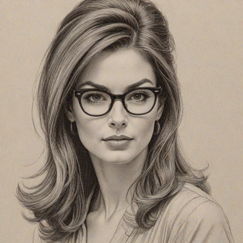 Alluring Sandy Bullock, pencil sketch, portrait of Magnificent woman 1961s in glasses, hair style beatnik, outline, clear lines, fine lines, 8k