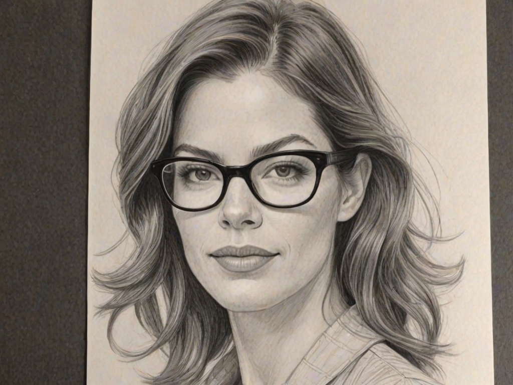 Lovely Michelle Monaghan, pencil sketch, portrait of Dazzling woman 1954s in glasses, hair style beatnik, outline, clear lines, fine lines, 8k