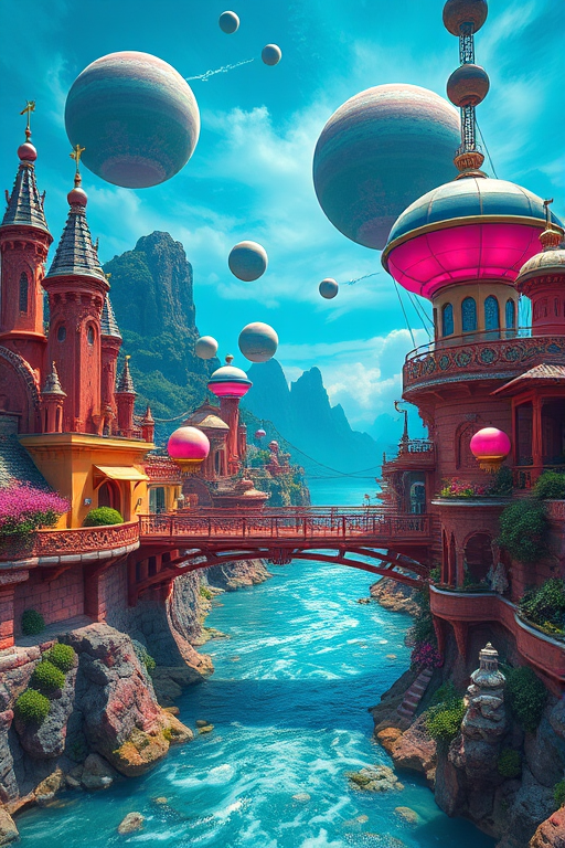 fantastical landscape with vibrant colors, otherworldly architecture, floating planets, and a bridge over a shimmering river, captured with a Canon EOS R5, 24mm lens, f/1.8, ISO 100, using a wide-angle perspective and long exposure for enhanced detail and clarity