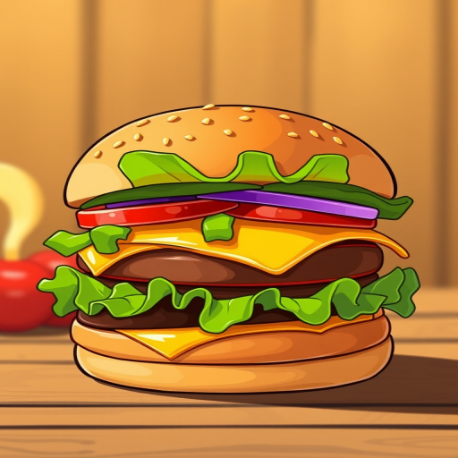 Create a high-resolution illustration of a cartoon burger with lettuce, tomato, onions, and cheese, using a DSLR camera with a 50mm lens, aperture f/2.8, ISO 100, and a shallow depth of field for a vibrant and detailed look.