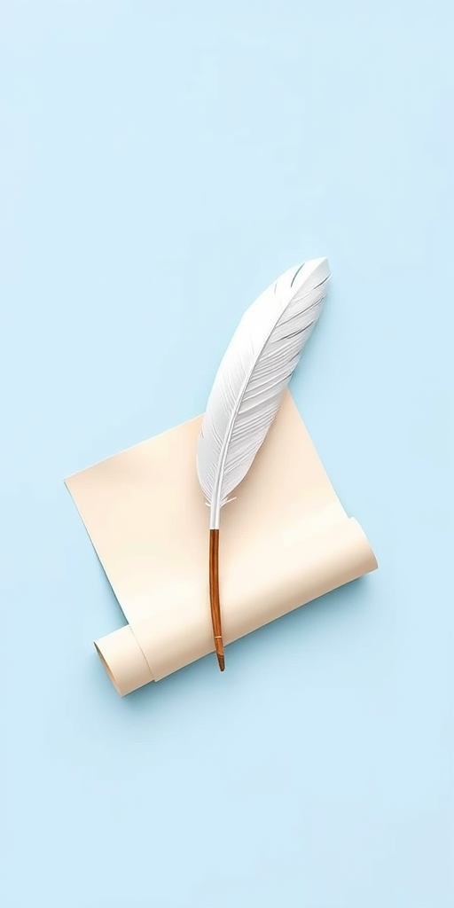 Create a minimalist illustration of a quill pen and scroll on a light blue background, captured with a DSLR camera at f/2.8 aperture, 50mm lens, ISO 100, natural light, with a slight depth of field to emphasize the quill and scroll.