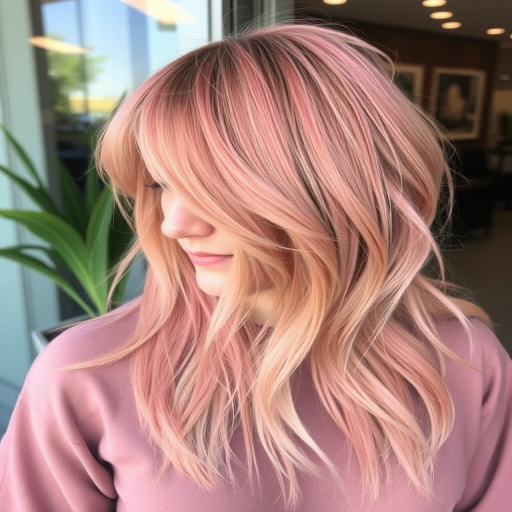 Rose gold shag haircut with curtain bangs and lots of layers, known as "Blushing Sunset," featuring a tousled, effortless look with darker roots for depth