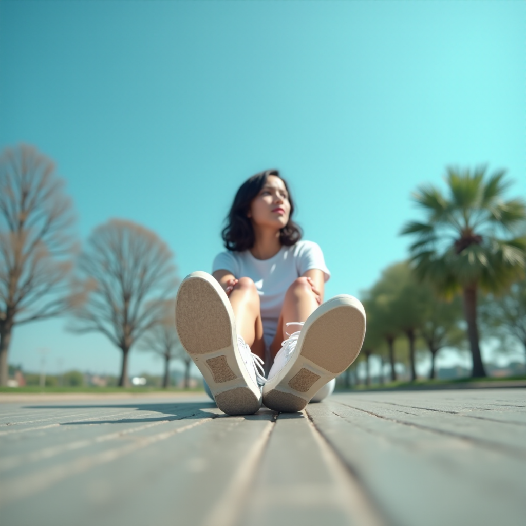 Generate an ultra-realistic, highly detailed, high-definition photograph. It's a photo of a girl sitting on the floor. She's looking at the horizon. The photo is taken from the bottom up, at ground level. The girl's sneakers are in the foreground, in the center of the scene. The girl is wearing light clothes, a t-shirt and short shorts. The sky is blue. Bright environment. The background is a blurred image of a park.