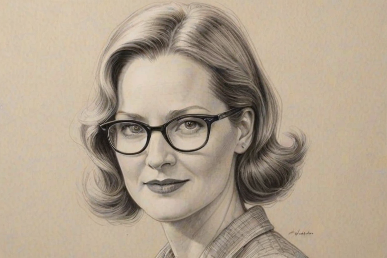 Delightful Laura Linney, pencil sketch, portrait of Superb woman 1929s in glasses, hair style beatnik, outline, clear lines, fine lines, 8k