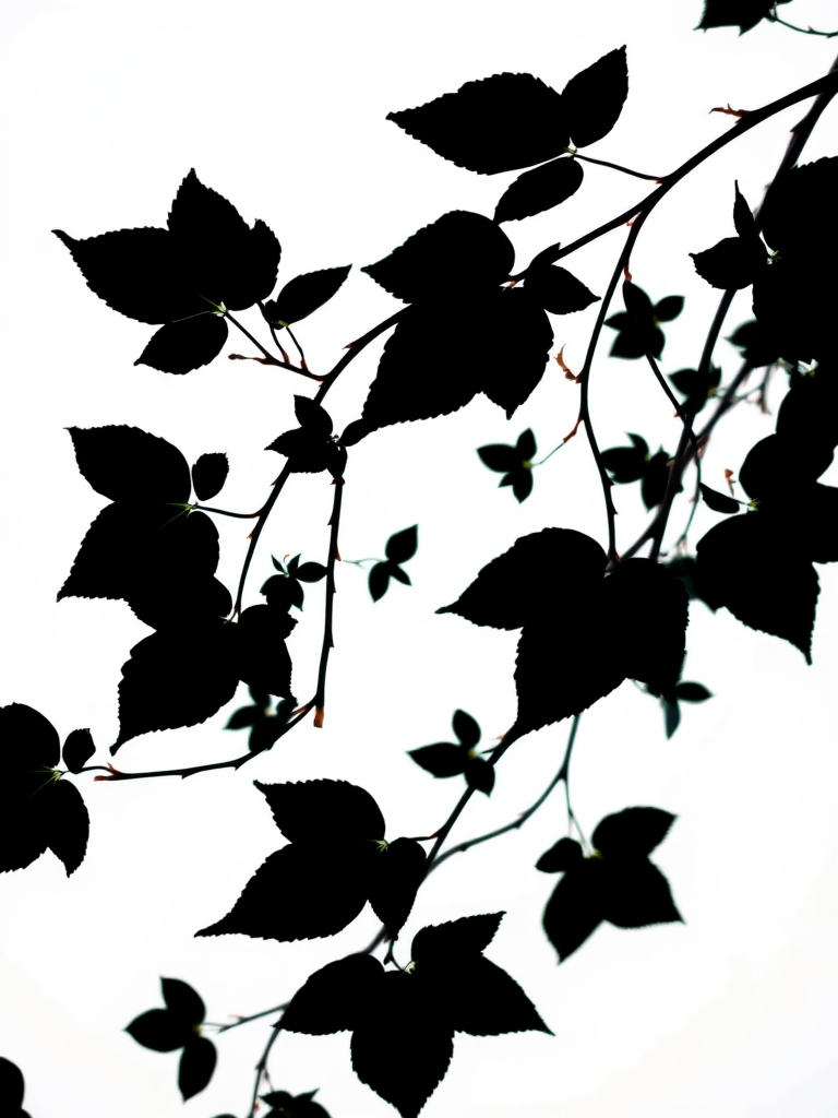create a high-quality black silhouette of a delicate vine with leaves on a plain white background using a DSLR camera with a 50mm lens, f/1.8 aperture, ISO 100, shot in natural light, top-down view with a soft focus effect