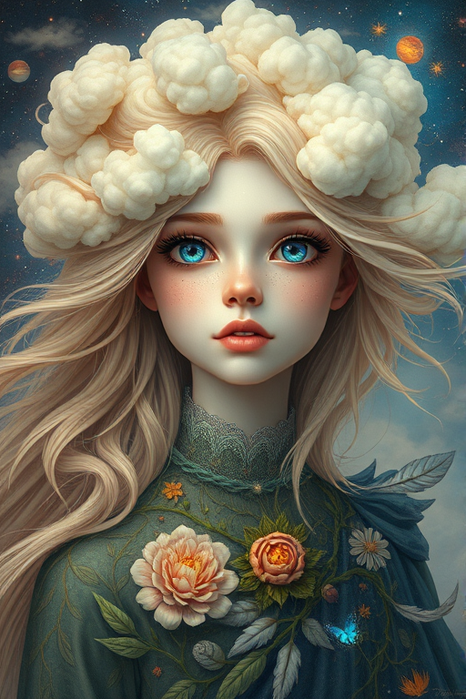 Create a series of imaginative portraits where each subject is infused with elements of fantasy and nature. The hair of the individuals should flow like clouds, varying from soft, fluffy cumulus to wispy cirrus strands, with hints of color reflecting a sunset or a clear blue sky. The eyes should be windows to entire galaxies, with stars, nebulae, and distant planets visible within them. Clothing should be adorned with nature motifs, such as floral patterns that bloom and change, vines that seem to grow and wrap around, or feathers that shimmer with iridescence. Each portrait should capture a unique personality, blending human features with the ethereal beauty of the natural and cosmic world. The backgrounds can vary, from starry night skies to enchanted forests, adding depth and context to the magical realism of the portraits
