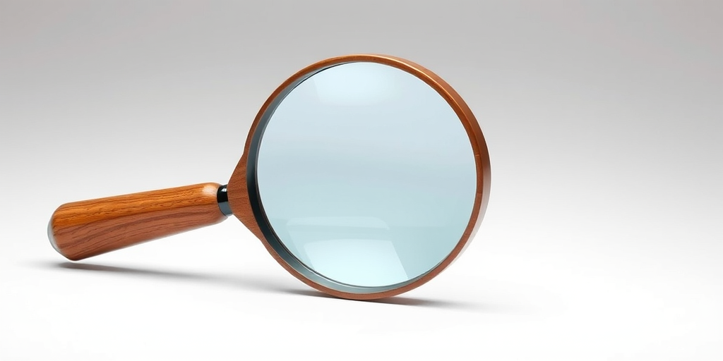 Create a high-resolution illustration of a magnifying glass with a wooden handle and a light blue lens in a clean, white background using a DSLR camera, f/8 aperture, 50mm lens, and soft diffused lighting to enhance clarity and detail.