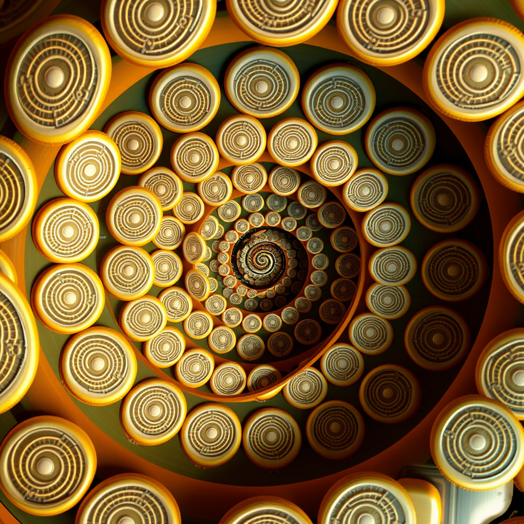 create a high-resolution image of a spiraling pattern of oval shapes with intricate designs, using a DSLR camera, 50mm lens, f/8 aperture, ISO 100, shutter speed 1/125s, top-down view, vibrant colors, and sharp focus on the center of the spiral.