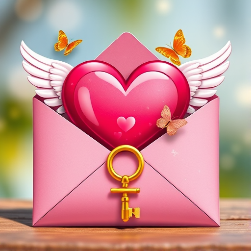 Create a colorful illustration of a heart-themed envelope with a golden key and small butterflies, incorporating angel wings, captured with a DSLR camera using a 50mm lens at f/1.8 aperture, ISO 100, in bright daylight with a slight bokeh effect in the background.