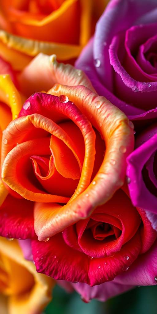 vibrant close-up of multicolored roses with water droplets, high dynamic range, f/2.8, ISO 100, 50mm lens, natural light, macro photography