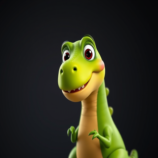 create a vibrant, stylized green dinosaur character with a playful expression, set against a rich dark background, ensure sharp detail and clean lines, using a digital art style, captured with a virtual camera at f/5.6, 24mm lens, ISO 100, and soft studio lighting for enhanced depth and clarity