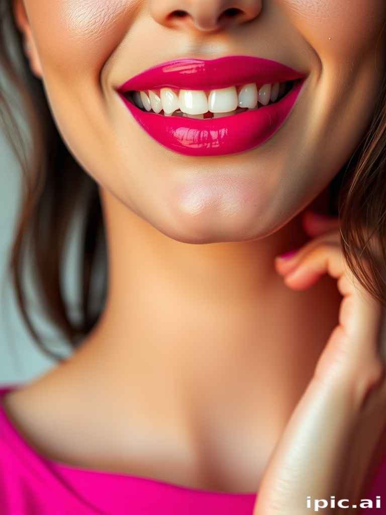 Radiant woman lips adorned with a glossy fuchsia lipstick, vibrant and youthful, full and rounded, exuding playfulness and confidence