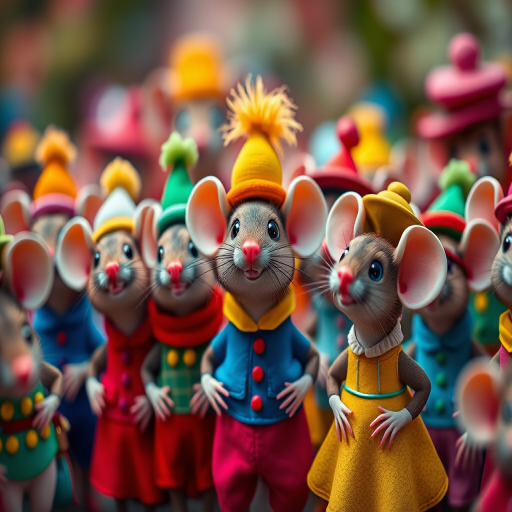 Create an image of a whimsical gathering of cartoon mice wearing colorful outfits and hats, captured with a Canon EOS R5, 50mm lens, f/1.8 aperture, ISO 200, at a shallow depth of field, using a vibrant color palette and soft focus background.