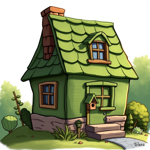 Generate a detailed illustration of a whimsical green house with a sloped roof and a chimney, featuring wooden windows and a small birdhouse, using a DSLR camera with a 50mm lens, f/2.8 aperture, ISO 100, natural lighting, and a slightly elevated angle for depth.
