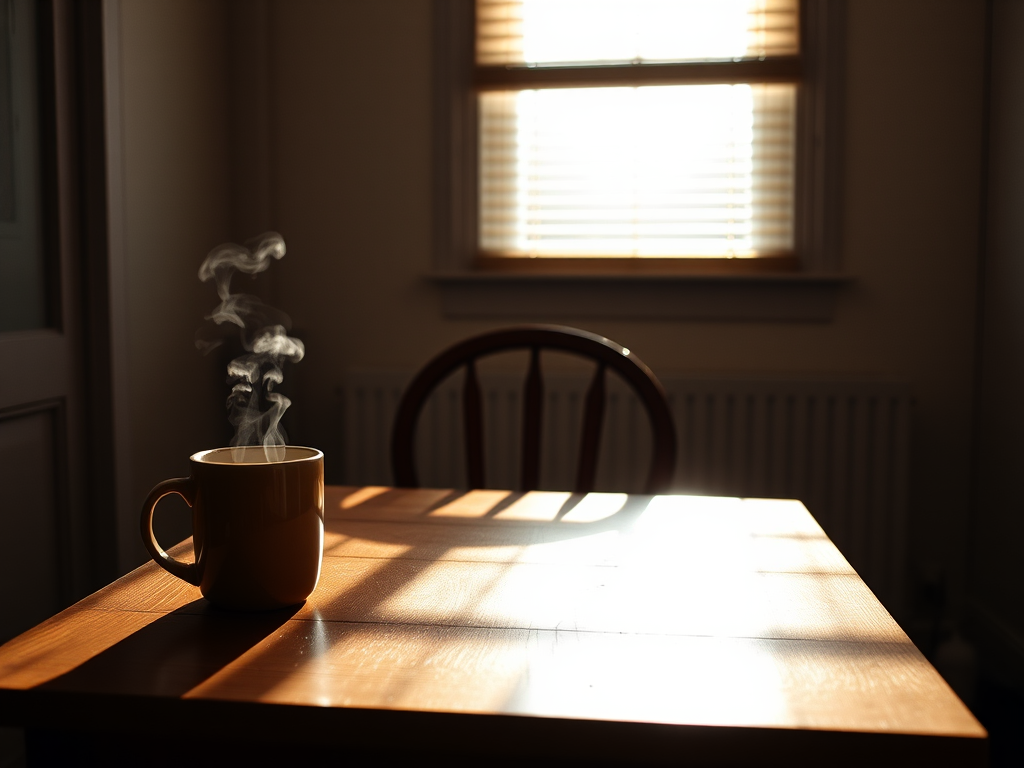 A cozy room with a wooden table and a steaming mug on top, soft morning light streaming in through a window with blinds partially drawn, a single chair positioned at the table, shadows creating a serene atmosphere, shot with a DSLR camera at f/2.8 aperture, ISO 200, 24mm focal length, natural light, from an elevated angle.