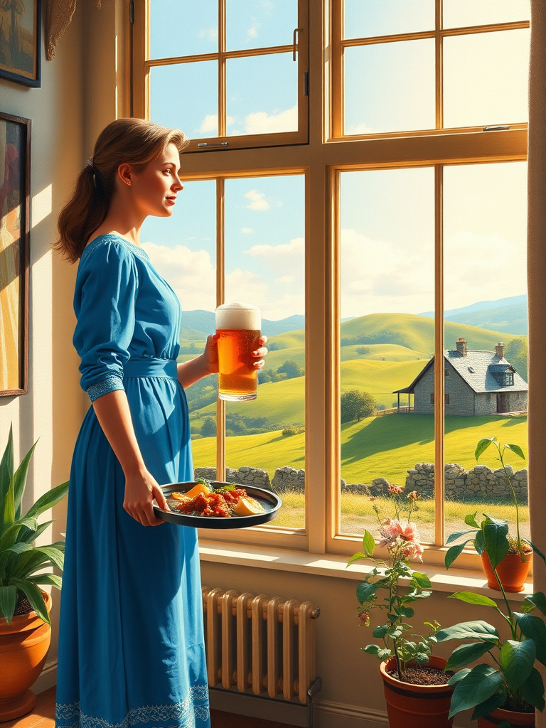 In "A Glass of Beer on the Highland," a serene scene is depicted in a sunlit room where a woman in a vibrant blue dress stands by a large window. She holds a tray with a hearty meal and a frothy glass of beer, embodying a moment of relaxation. Outside, the breathtaking highland landscape features rolling green hills and a charming traditional house, all bathed in warm afternoon light. The interior is adorned with potted plants, creating a harmonious blend of comfort and nature. The painting beautifully captures the tranquility and joy found in simple pleasures amidst stunning scenery