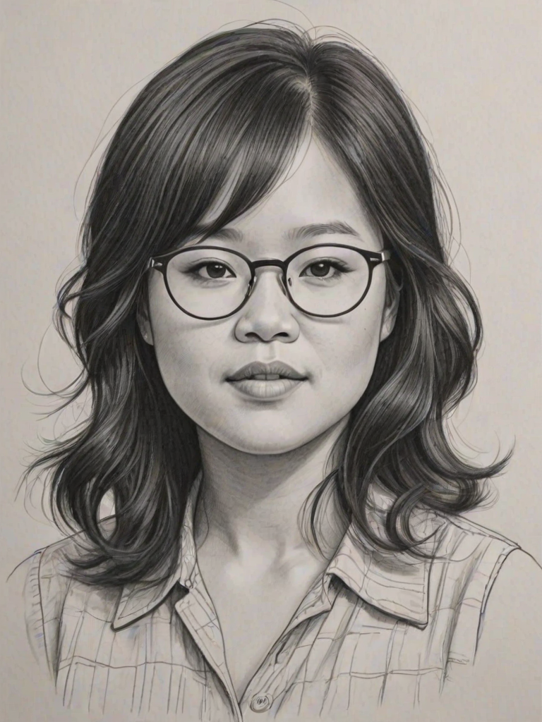 Attractive Kelly Marie Tran, pencil sketch, portrait of Ravishing woman 1955s in glasses, hair style beatnik, outline, clear lines, fine lines, 8k