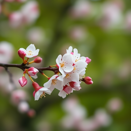 Cherry blossom branch in full bloom against a blurred green background, captured with a DSLR camera, 50mm lens, aperture f/1.8, ISO 200, at a shallow depth of field to enhance colors and details.