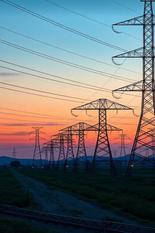 Generate an image of a power station landscape at dusk with high voltage power lines and towers, using a Canon EOS R5 with a 24-70mm lens at f/8, ISO 100, and a shutter speed of 1/125s, taken from a low angle for enhanced depth and detail.