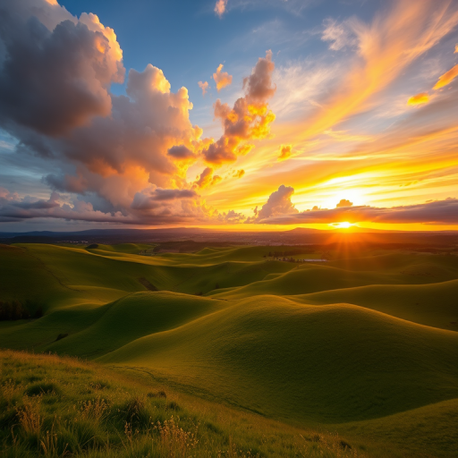 Sunset over rolling hills with dramatic clouds, captured with a DSLR camera, 24mm lens, f/8 aperture, ISO 100, 1/125 sec shutter speed, wide-angle view, vibrant colors and high dynamic range.