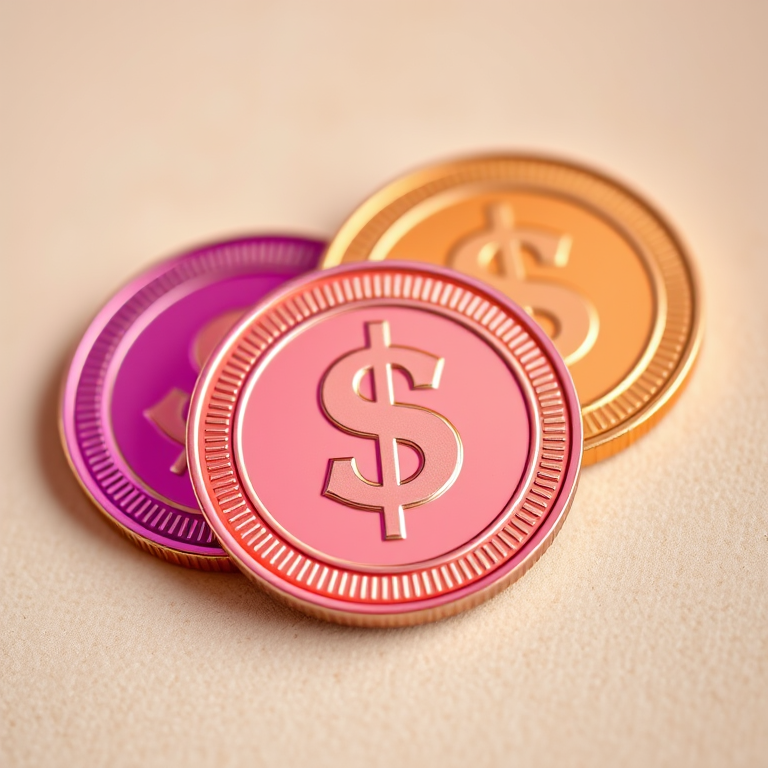 high resolution close-up of three stylized coins with a dollar sign on a soft neutral background, aperture f/2.8, shutter speed 1/200s, ISO 100, DSLR camera, natural lighting