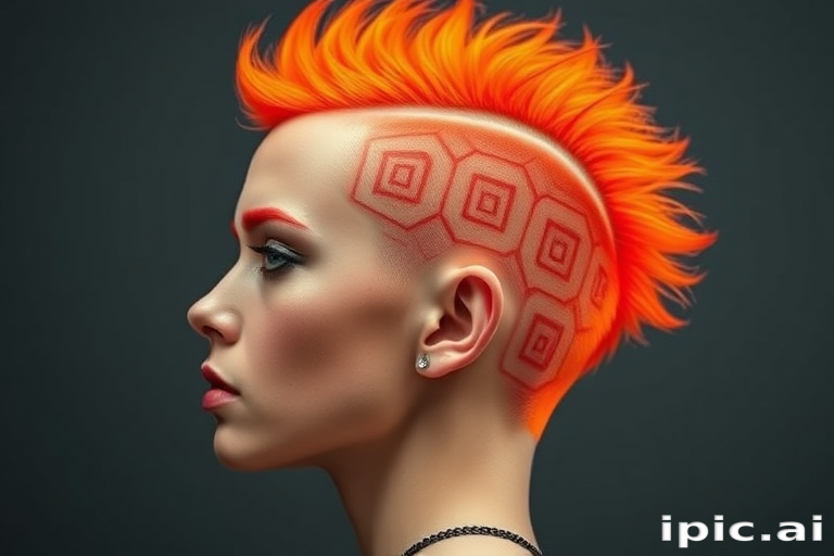 Bold neon orange buzzcut with intricate geometric designs shaved into the sides, showcasing fearless self-expression and avant-garde artistry