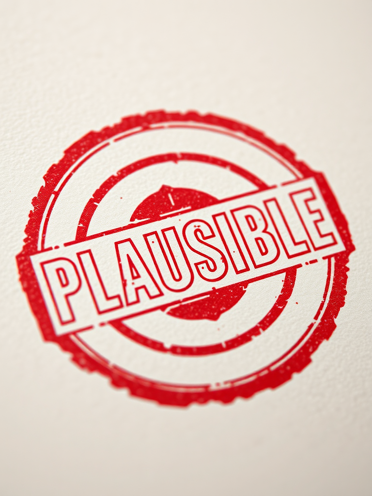 Create an image of a bold red stamp with the word PLAUSIBLE in a distressed font, using a 50mm lens, aperture f/1.8, ISO 100, in a close-up view, with soft natural lighting, captured with a DSLR camera for high resolution and detail.