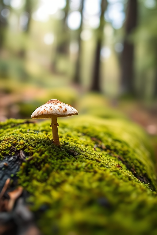 Mushroom growing on a mossy log in a forest, shallow depth of field, f/2.8 aperture, 50mm lens, ISO 100, natural lighting, soft focus background, DSLR camera.