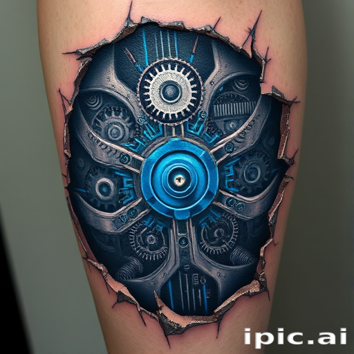Biomechanical tattoo revealing intricate mechanical gears and circuits beneath torn skin, incorporating shades of metallic gray and electric blue, titled "Cybernetic Unveiling"