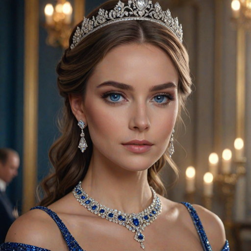 A gorgeous woman in a luxurious blue gown, accessorized with a dazzling tiara and statement earrings, her deep blue eyes highlighted by impeccable makeup, poised in a royal setting, photorealistic, 8K quality