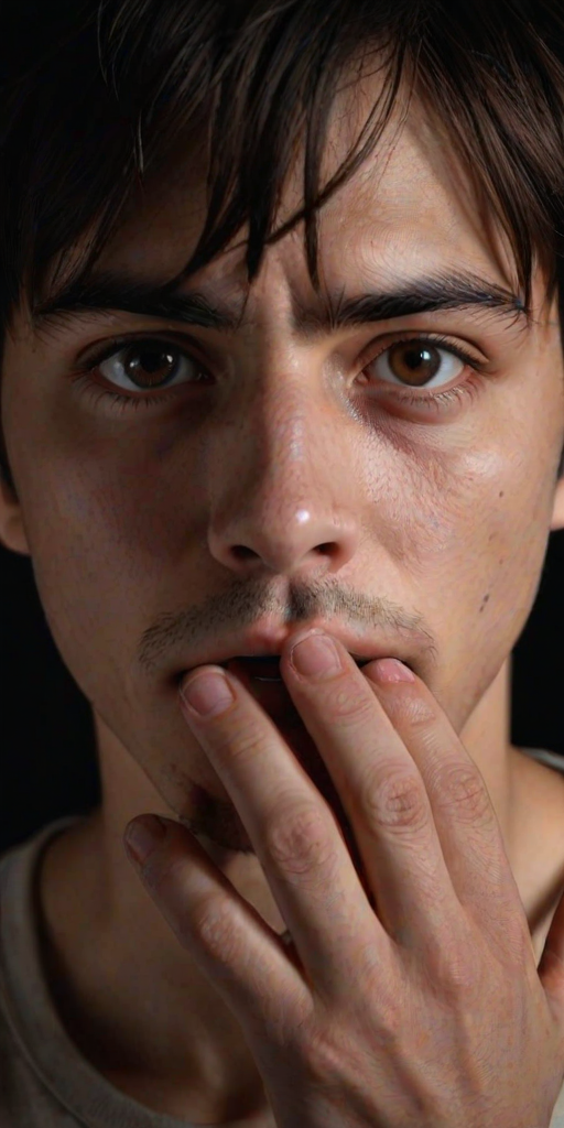 detailed edges, detailed image, perfection style, A cinematic detailed image of a surprised man covering his mouth with his hand in fear, movie themed, sharp, detailed background, epic cinematic photography, artistic style, dramatic light style, cinematic color style, Kodak 35mm film style, detailed style, hand focus style, 1girl, looking at viewer, black hair, 1boy, brown eyes, male focus, solo focus, blurry, black eyes, lips, fingernails, pov, black background, close-up, veins, realistic, pov hands, dark, hand on another's face, solo, simple background, tears, portrait, short hair, eye focus, eren yeager