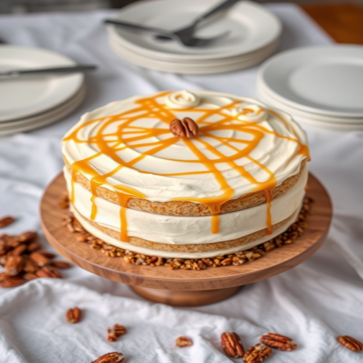 Create an image of a round layered cake with a smooth cream frosting decorated with swirls on top and a single pecan in the center. The cake sits on a wooden cake stand and has a border of chopped pecans around the base. Drizzle caramel sauce over the top, and place the cake on a white cloth background with some plates and utensils in the blurred background.