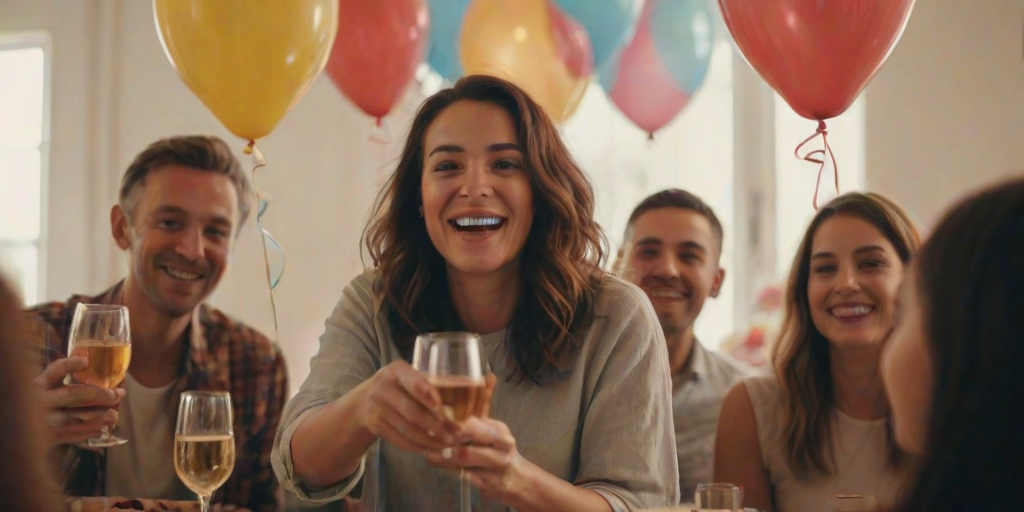 Blurry candid shot of a woman making a toast at a birthday party, surrounded by friends and balloons, with soft light creating a joyful and celebratory atmosphere.