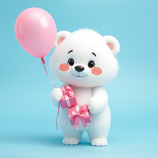 Create a cute cartoon character of a fluffy white bear holding a pink balloon and a gift box on a bright blue background, captured with a DSLR camera at 50mm, f/1.8 aperture, ISO 100, with a soft focus style to enhance the colors and details.