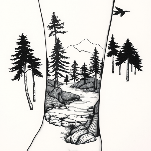 Woodcut-style forest landscape wrapping around forearm, intricate cross-hatching and fine lines creating depth and texture in black ink